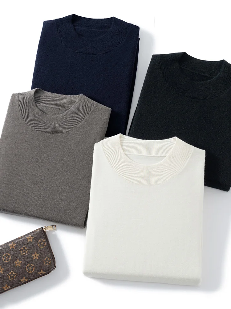 CHICUU الفاخرة الرجال 100% الصوفى الكشمير تي شيرت وهمية الرقبة البلوز سترة قصيرة الأكمام الصيف رقيقة متماسكة القمم