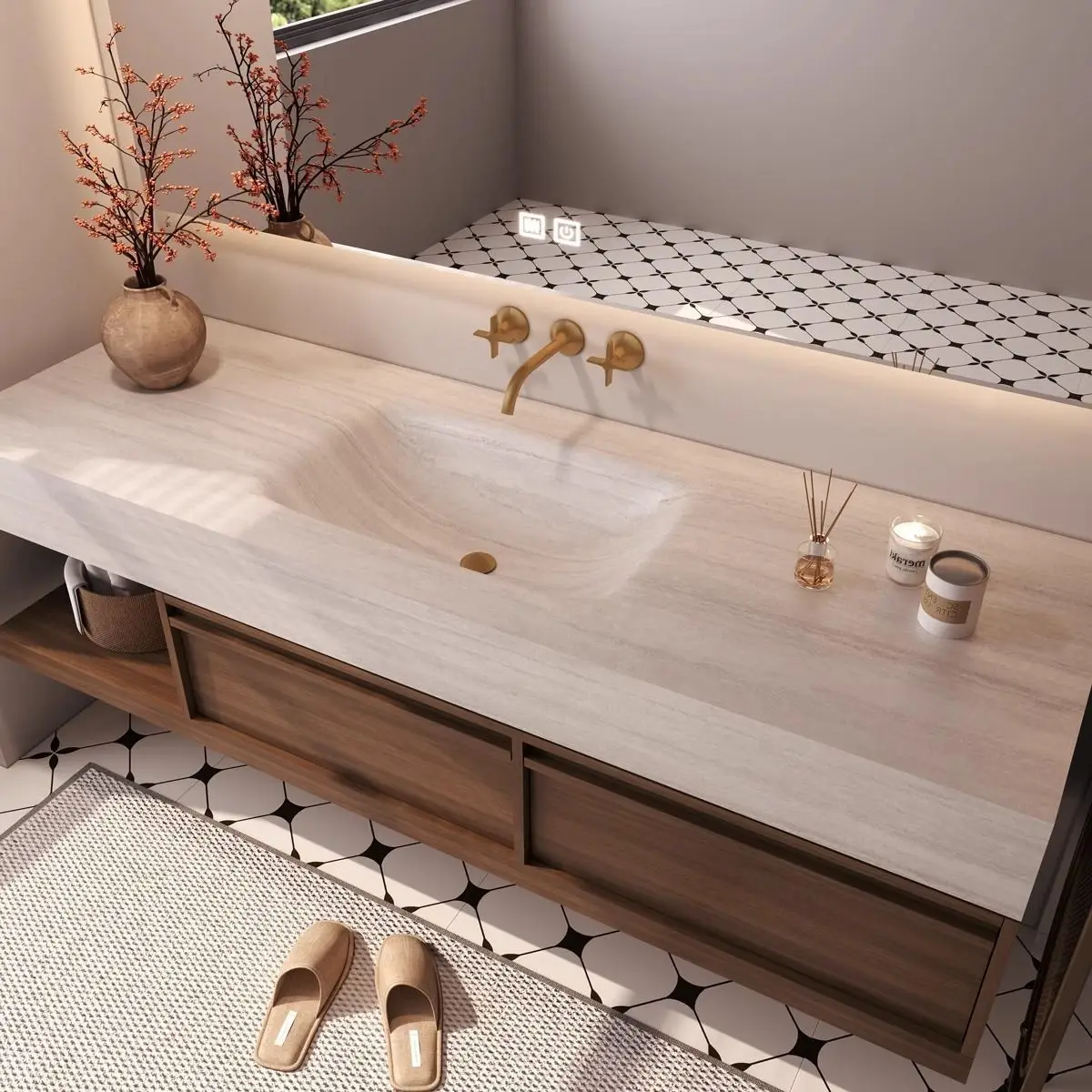 DSA  style travertine rock slab hot bending seamless integrated basin bathroom cabinet combination bathroom washstand basin sink