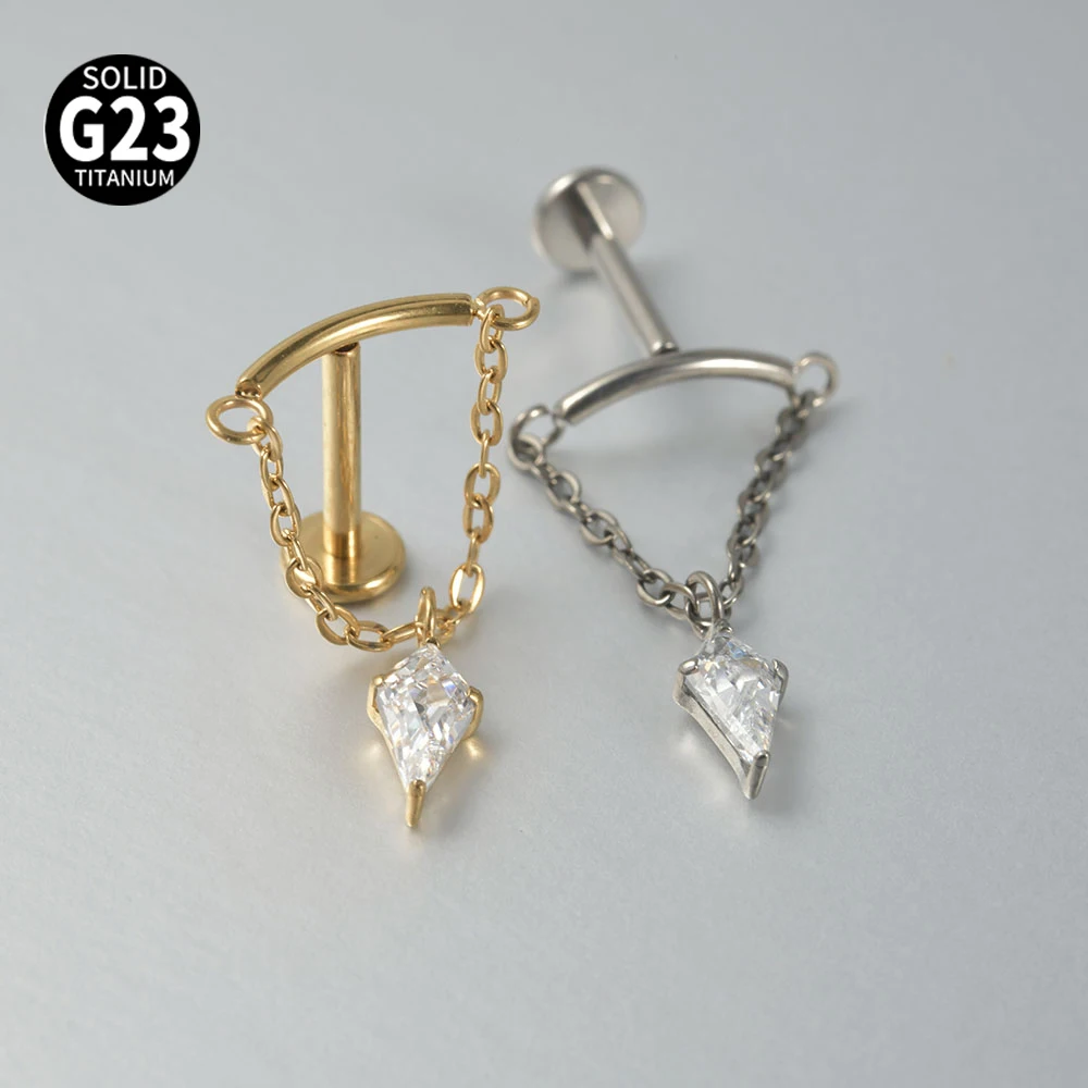 1PC F136 Implant Grade Titanium Internal Helix Delicate Chain Drop CZ Labret Cartilage Earring Flat Back Stud Sexy Jewelry