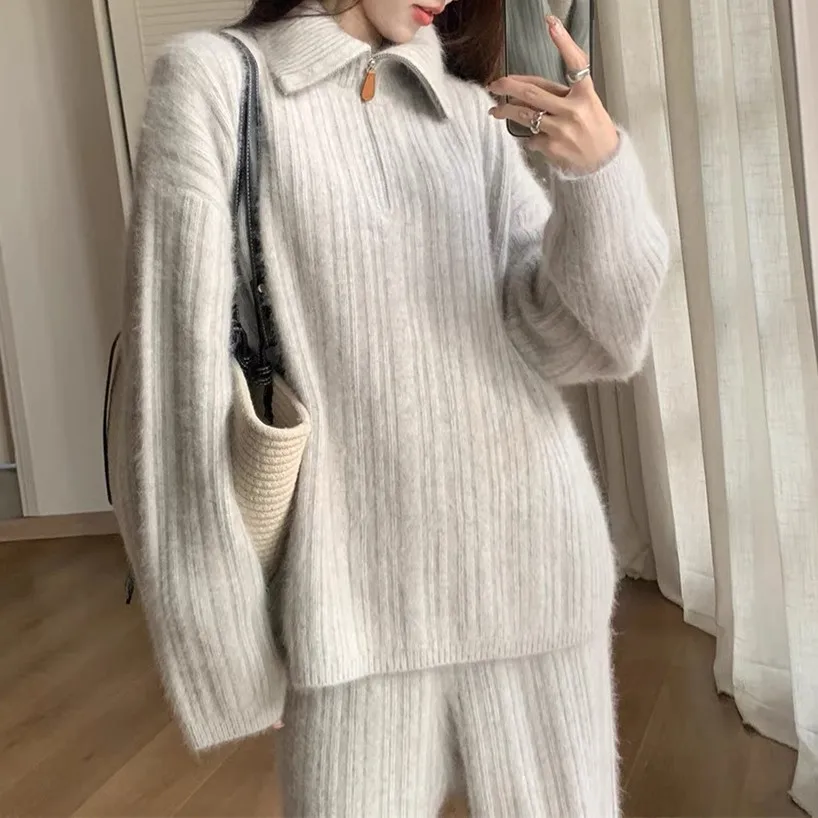 

Korean Autumn Winter Women's Striped Casual Trendy Grey Loose Knitted 2 Piece Sets Turn-down Collar Sweater Wide Leg Trousers