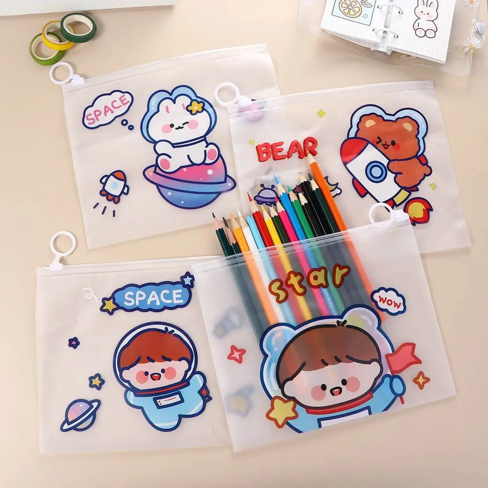 Cute Kawaii Test Paper Folder High Capacity Zipper Bag Learning Stationery Cartoon Transparent File Bag Office Supplies