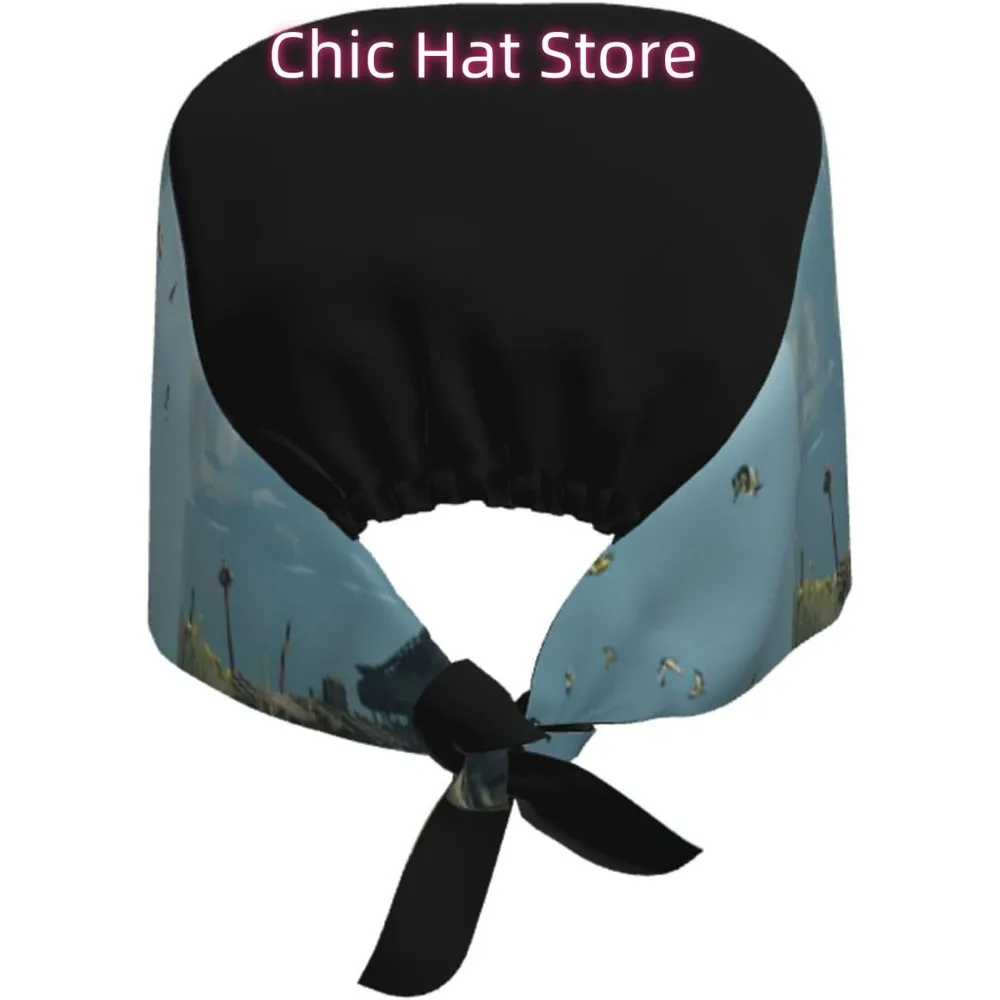 Breathable Work Hat Cliffside Cabin Printing for Chef, Nursing, Spa, Facial Care, Fitness Black