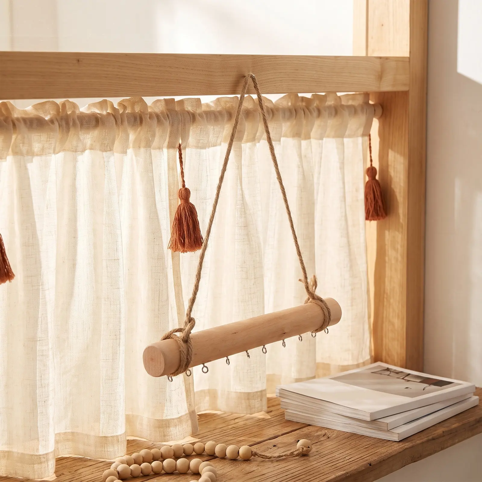 6 Inch Driftwood Wooden Wind Chime Holder Bar Hanging Branch Rod Jewelry Hooks Rack Rustic Wall Hanger for Entryway Balcony Home