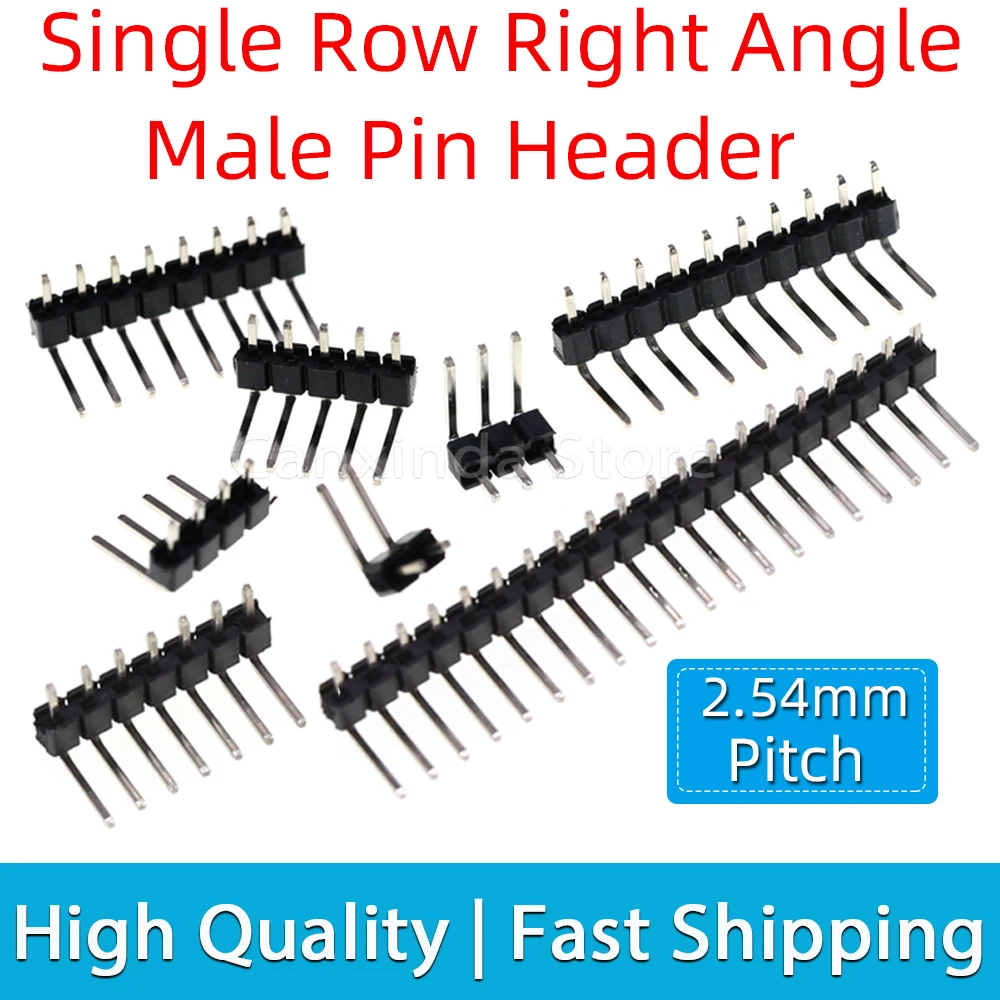 20pcs 2.54mm Pitch 1x2/3/4/5/6/7/8/10/20/40 Pin Single Row Right Angle Male Pin Header Connector Socket 3P/4P/6P/8P/20P/40P Pin