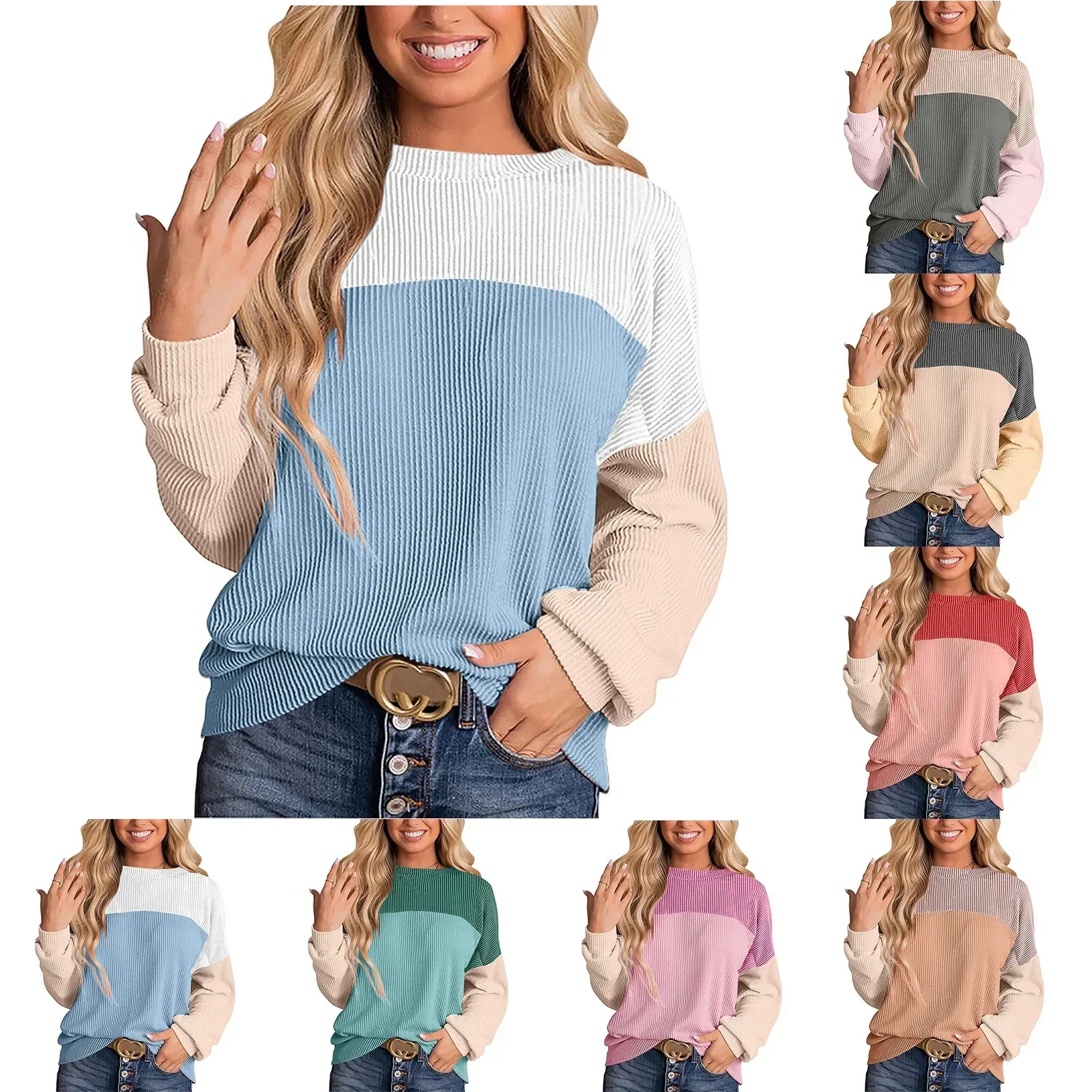 Womens Fashion Color Block Lightweight Sweatershirt Long Sleeve Crewneck Knit Ribbed Casual Loose Oversized Full Athletic Jacket