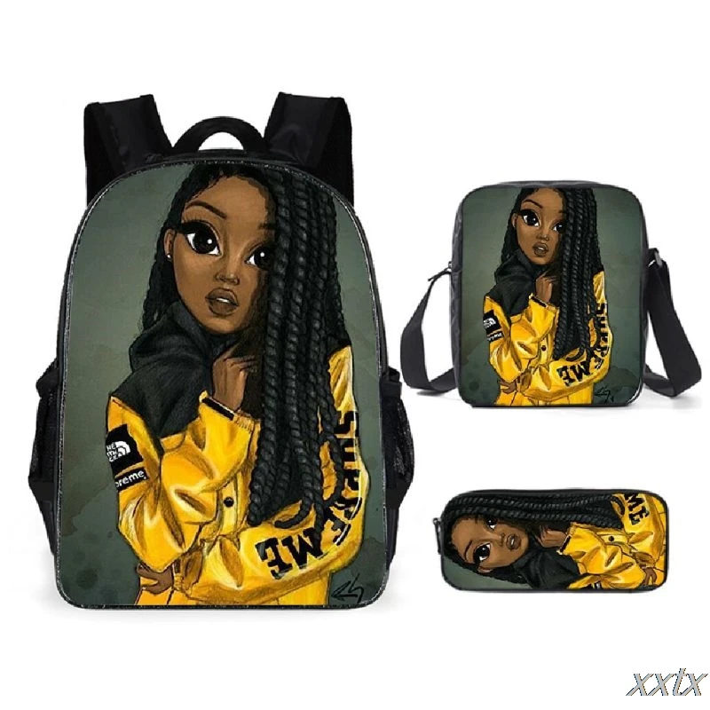 3D Print Africano Menina Aluno Escola Bags, Mochila Laptop, Mochila, Inclinado Bolsa de Ombro, Lápis Caso, Novidade, Harajuku, 3pcs por conjunto