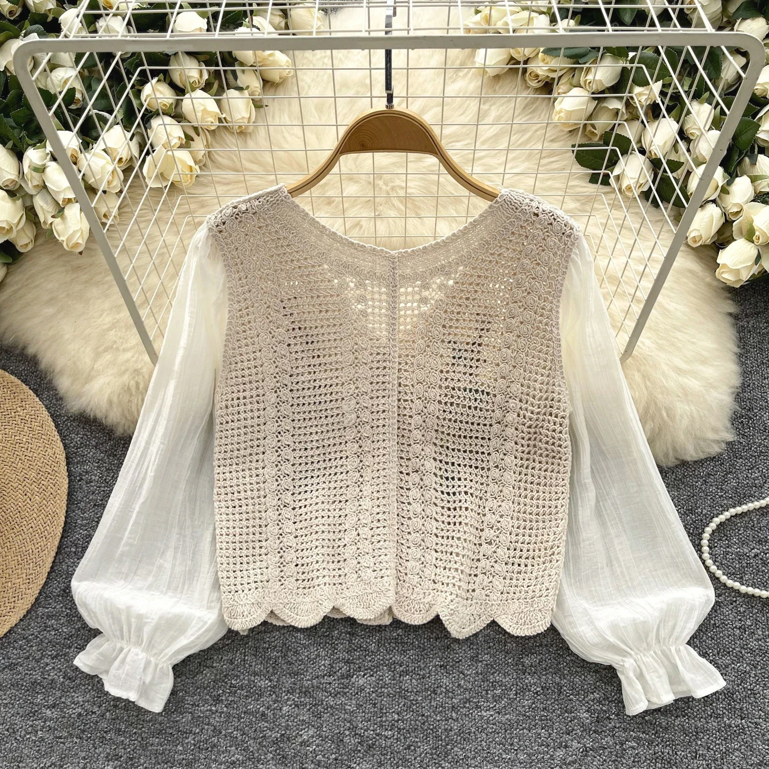 Vintage Embroidered Chic Hook Flower Hollow Out Sweet Spliced Casual Basics Top Bohemian Women Streetwear Autumn Knit Blouse