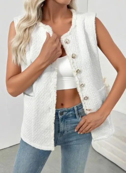 

Women's Vest Jacket Spring New Fashion Elegant Style Fringed Edges Round Neck Stitching Button Up Front Sleeveless Vest Jacket