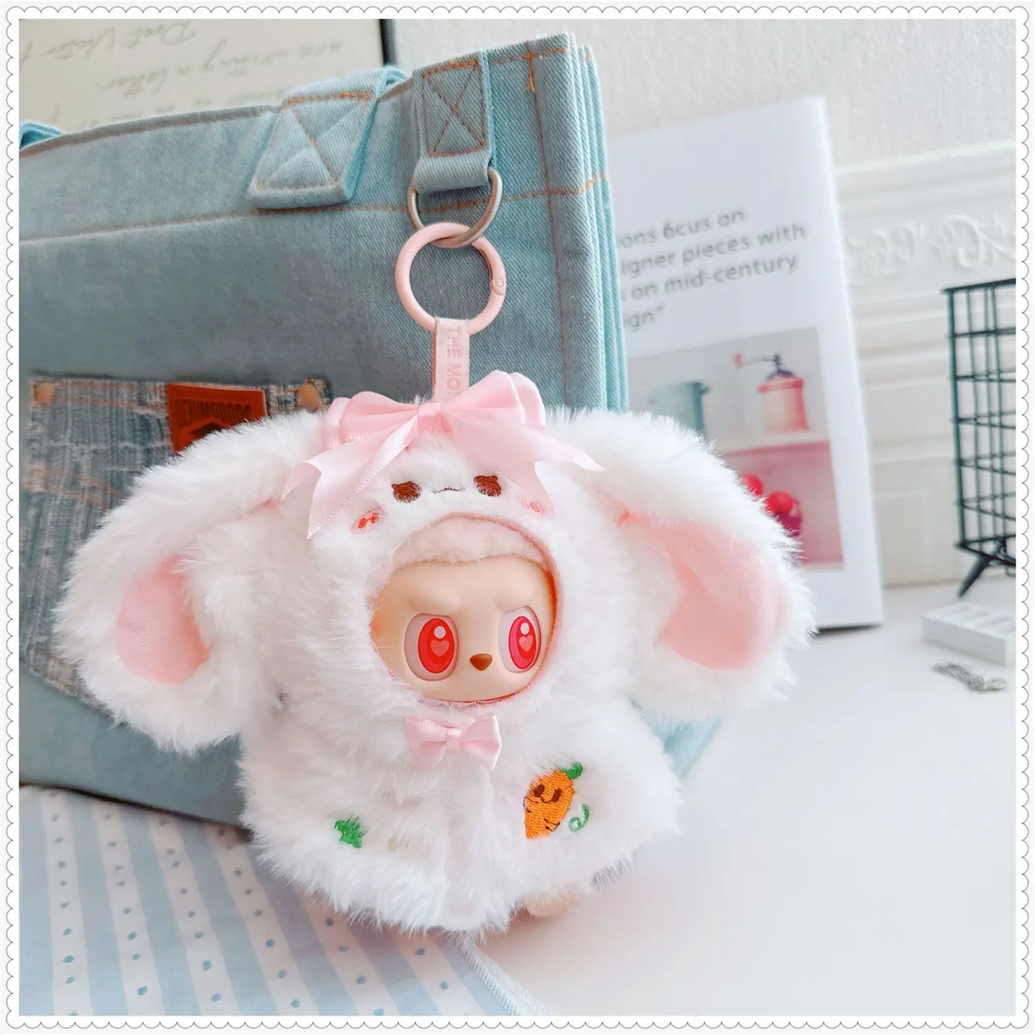 

Милая плюшевая одежда для кукол LABUBU 15 см 17 см, 1-го поколения до 3-го поколения с розово-синим бантом и тематикой кролика