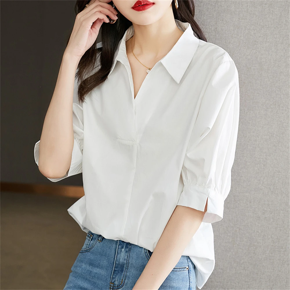 White Shirt Women's Mid-sleeved Summer Korean V-neck Pullover Femme Temperament Cotton Blouses Office Ladies Daily Elegant Tops