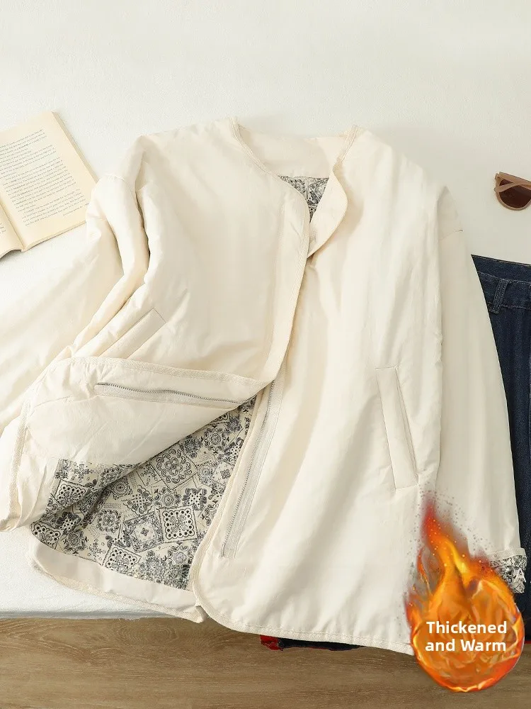 

Vintage round Ne down Cotton Jaet Women's Loose Fitting Thiened Warm Casual Sle Winter Outerwear Long Sve Zipper