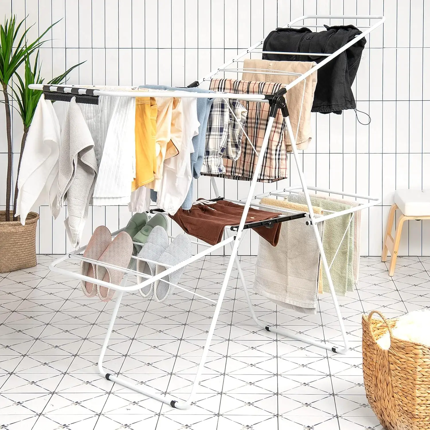 Indoor Outdoor Use, Foldable Drying Rack Clothing w/Height-Adjustable Gullwing, 33 Drying Rails, Sock Clips