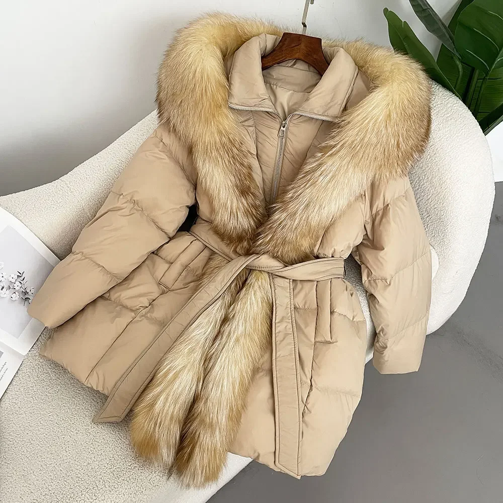 2024 Winter Jacket Women Thick Warm Streetwear Casual Hooded Natural Real Fox Fur White Duck Down CoaOuterwear Puffer Jacker