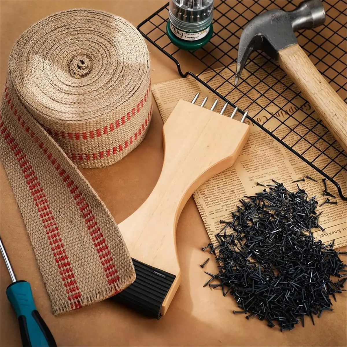 y59a-j~upholstery-tool-set-35-burlap-webbing-tape-115pcs-1-2-black-upholstery-tacks-for-craft-furniture-repair-kit