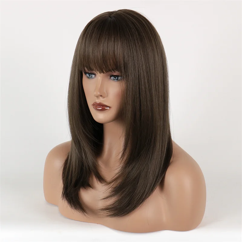 Midum Long Wedding Wig Sythetic Straigt Hair Neat Bangs  Cosplay for Girl