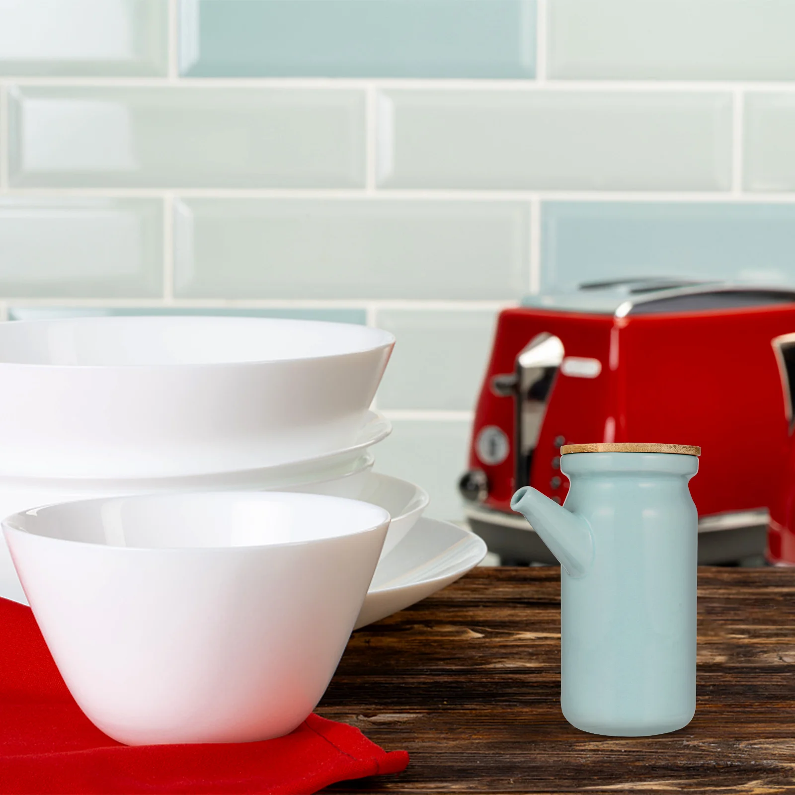 

1Pcs Ceramic Oil Can Seasoning Bottle Wooden Lid Design Easy Clean Long-Lasting Olive Cooking Oil Vinegar Storage Kitchen Gadget