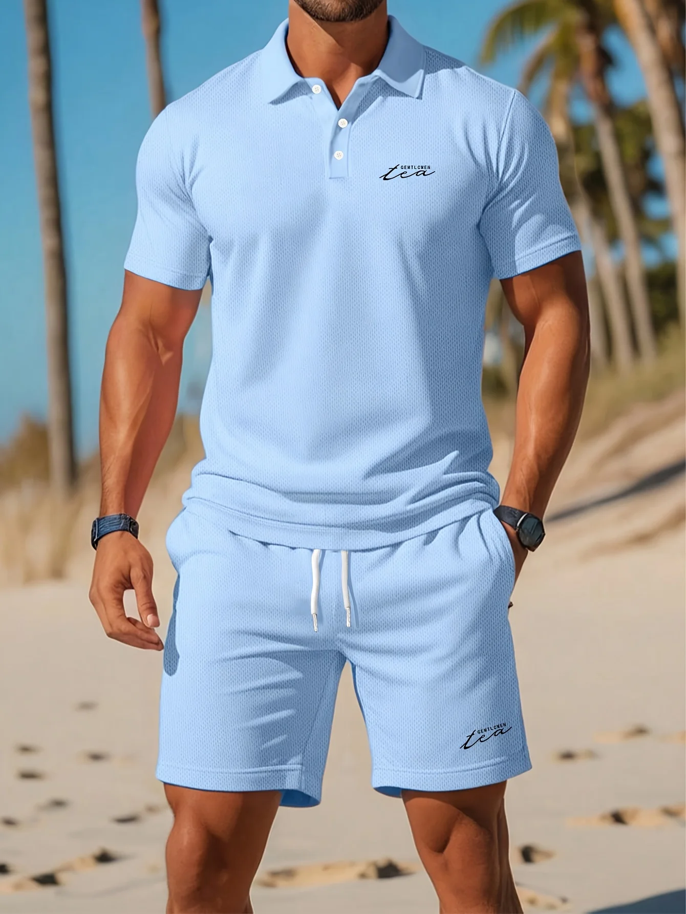 

Solid Color Sky Blue Mesh Fabric Men's 2PCS Casual Set Letter Printed Lapel Top and Drawstring Belt Shorts Summer Vacation Set