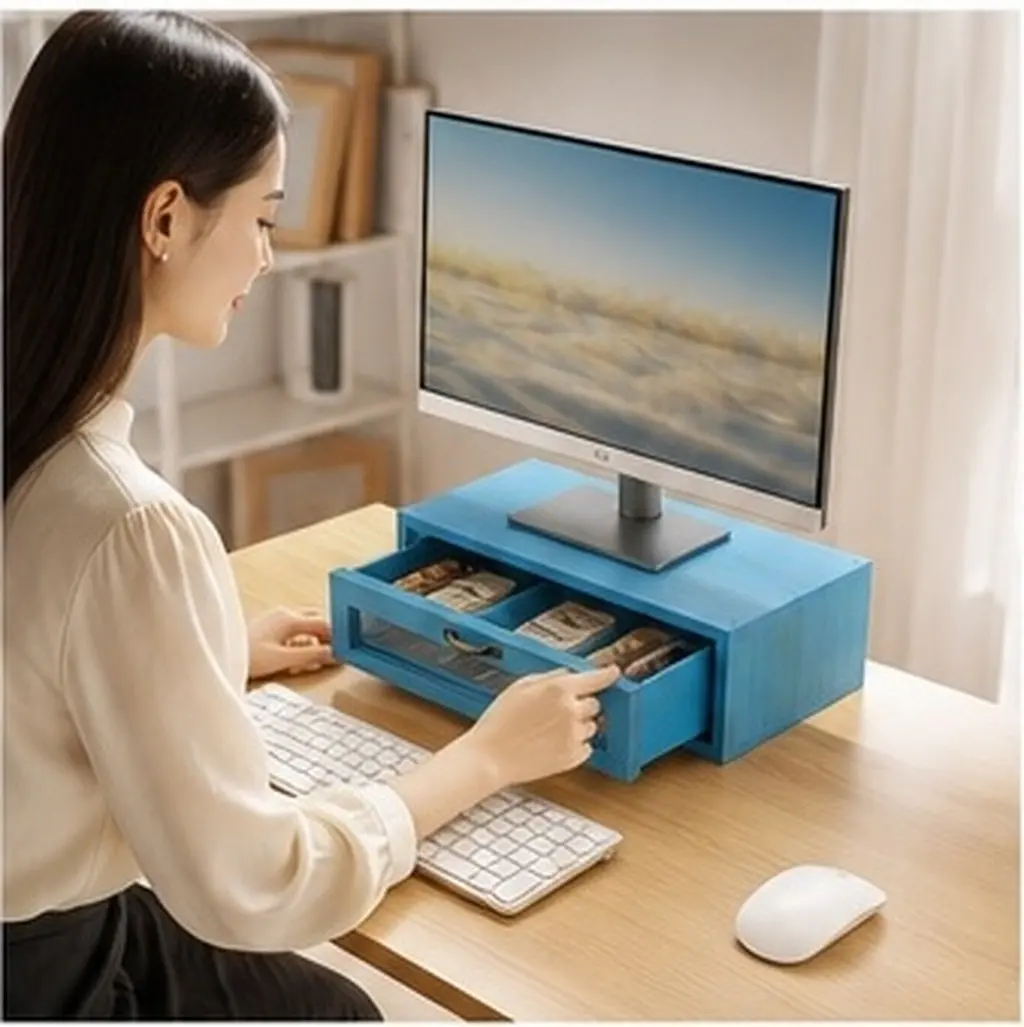 Wooden Monitor Stand Drawer Pull Out Storage Wood Riser Desk Organizer Makeup Holder Rustic Desk Accessories
