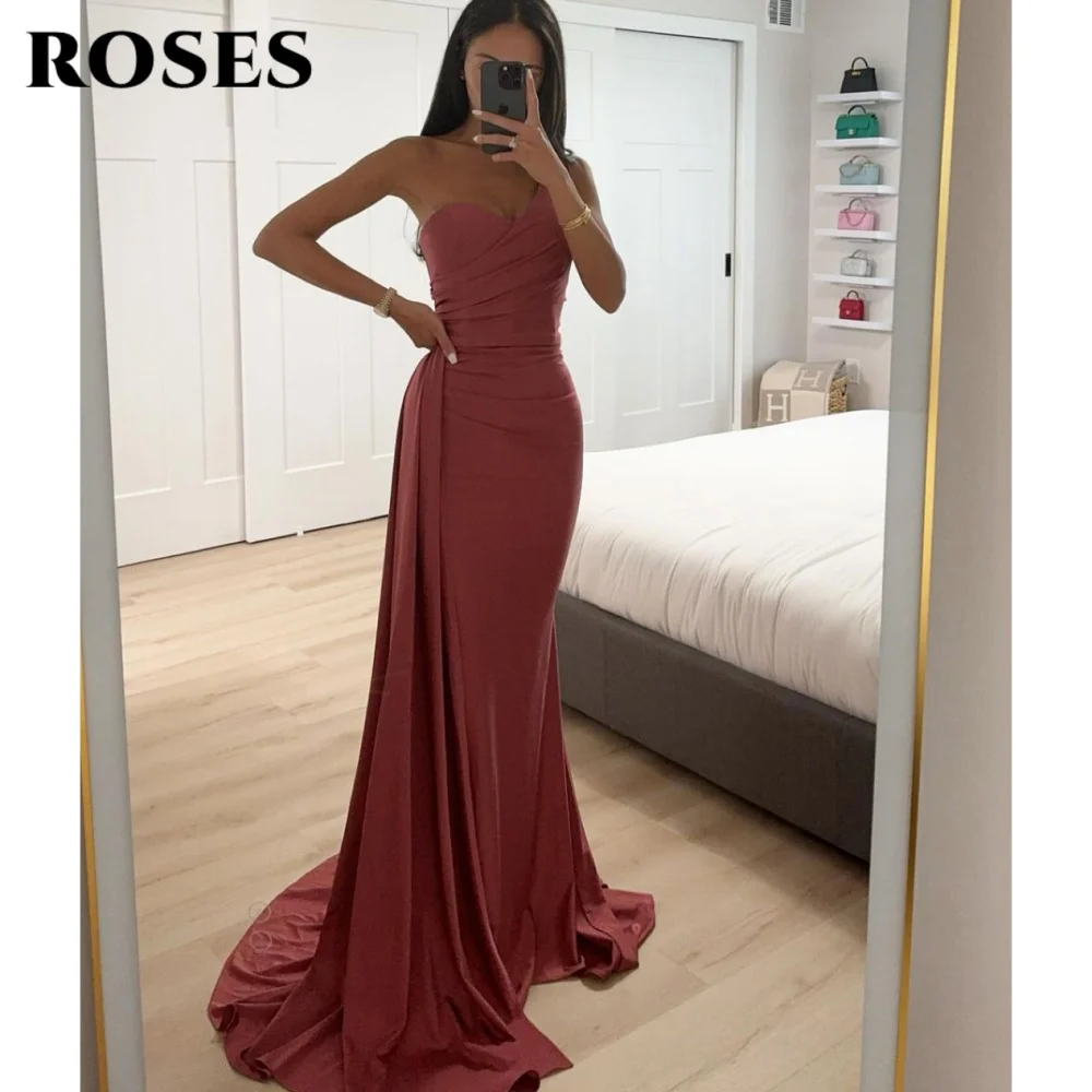 

ROSES Brick Red Sexy Prom Dress Sweetheart One Shoulder Prom Gown Satin Sleeveless Formal Gown for Woman robe soirée Customized