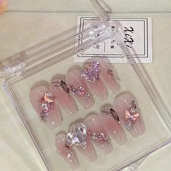 10Pcs Pink Handmade French False Press On Nails With Rhinestones Heart Love Design Full Cover Ballerina Art Nail Tips With Glue