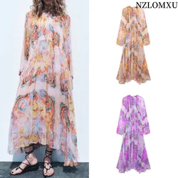 Summer Tulle Printed Pleat Long Dresses For Women 2025 Loose Lantern Sleeve Party Dresses Holiday Dress Elegant Vestidos