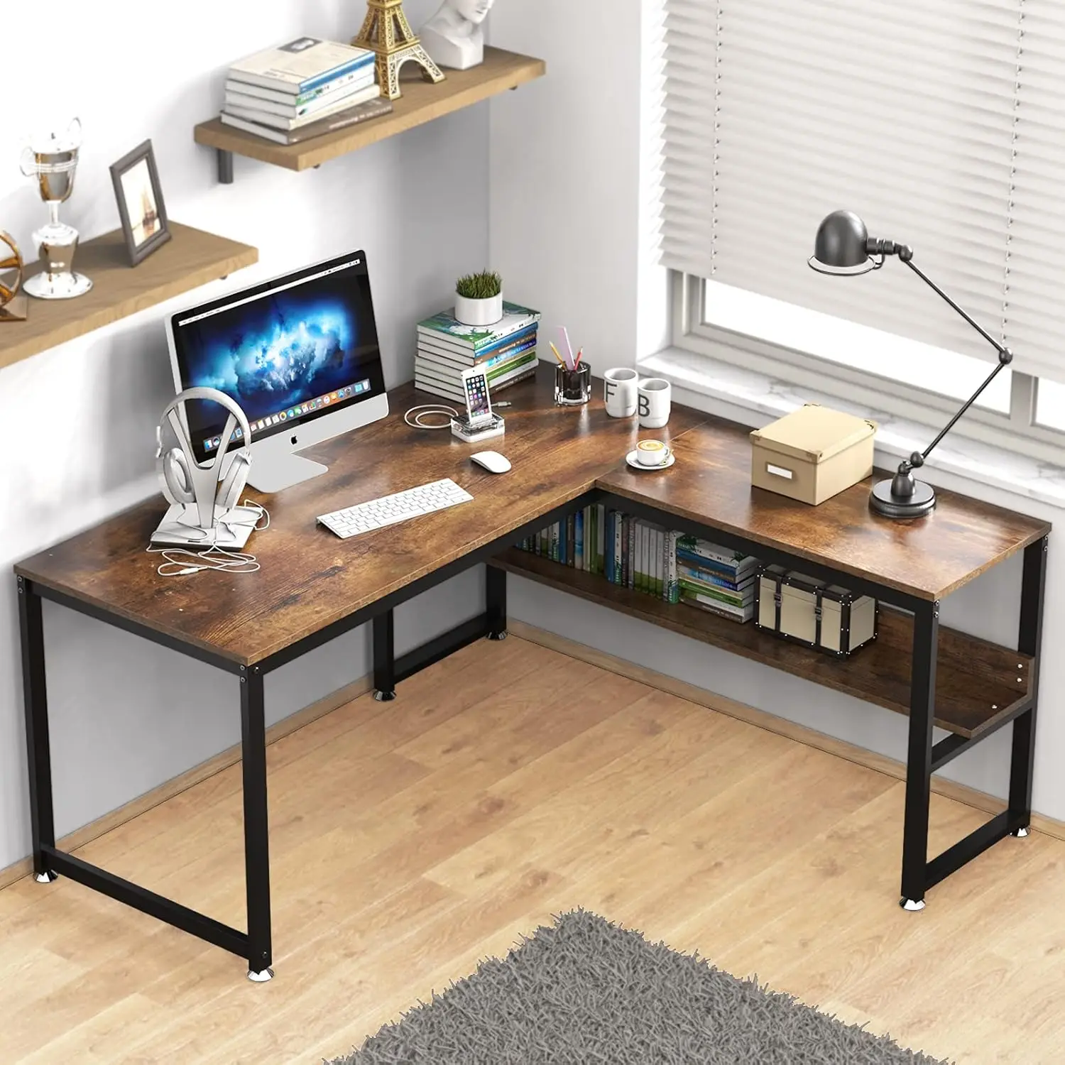 Modern Industrial Style L Shaped Desk with Storage Shelves 55-inch Gaming Table Rustic Brown  Computer Desk for Home Office