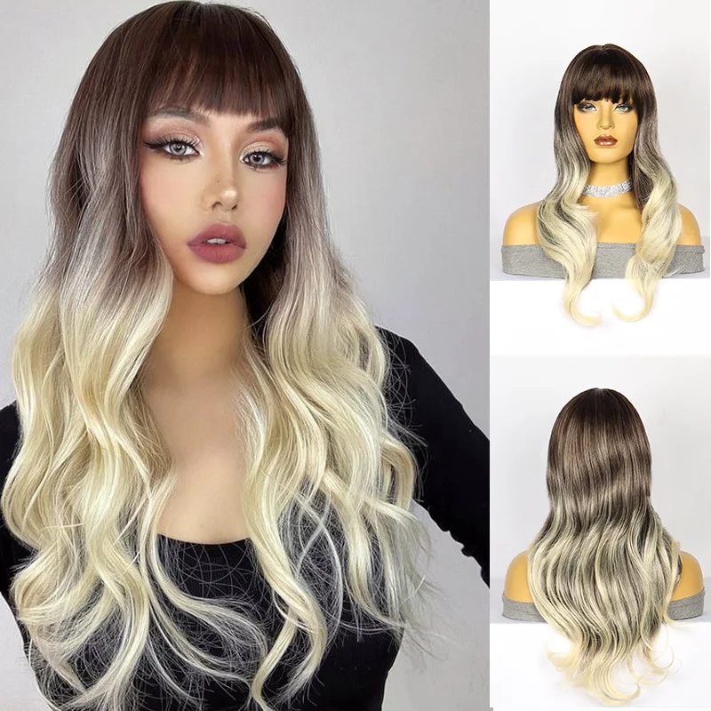 

26inch Long Wave Synthetic Wigs for Women Ombre Blonde to White Wigs Middle Part Heat Resistant Fibre Wigs Women's Wig Daily