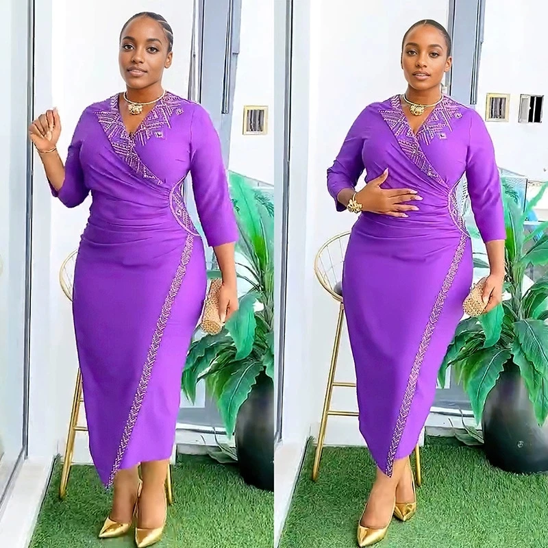 Yellow Red Green Polyester African Dresses for Women Summer African Women v-neck Short Sleeve Knee-length Dress African Clothes