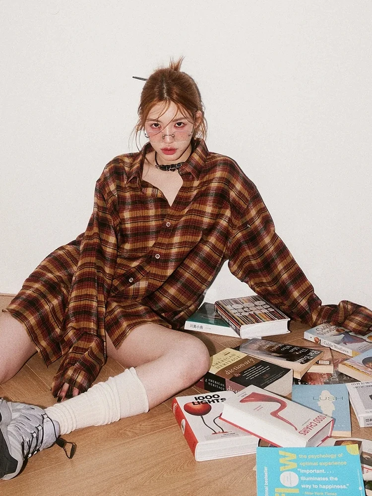 Camicie scozzesi Y2k da donna Camicetta a maniche lunghe oversize vintage Harajuku Streetwear Allentato Bf Retro Hop Casual Top Nuova primavera