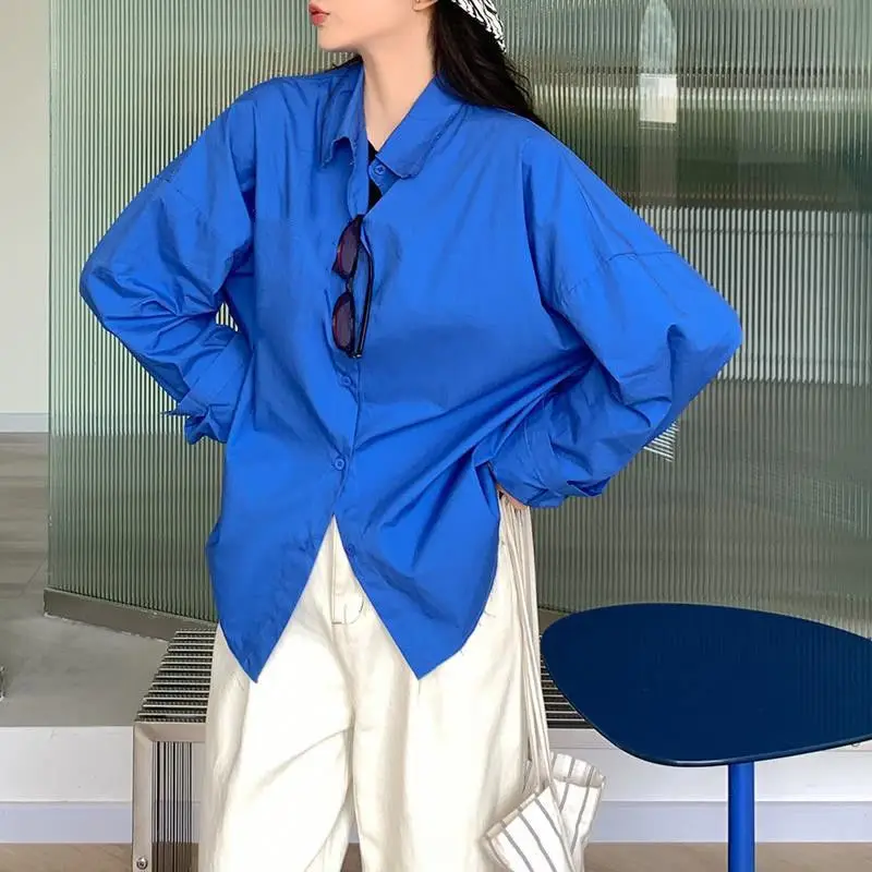 Spring Autumn New Klein Blue Shirt for Women Long Sleeve Polo Neck Loose Korean Solid Color Blouse Tops Casual Fashion Clothing