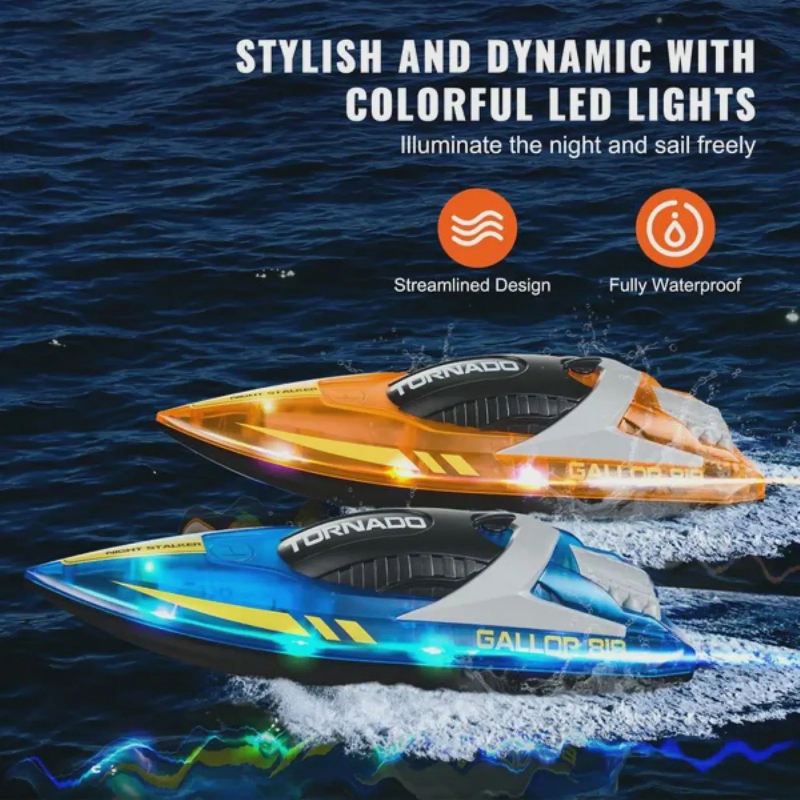 

RC Boat 2 Pack 2.4GHz 12 km/h Remote Control Boat for Pools & Lakes Racing Boat with LED Light 4 Rechargeable Batteries Whole Body Waterproof Gift for Adults Boys & Girls Blue & Orange