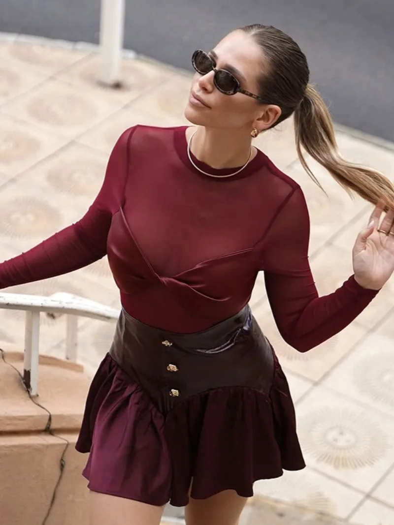 

FDYOUI PU Leather Patchwork Mesh Bodysuit for Women Sexy O-neck Long Sleeve See-through Party Night Club Tops Wine Red Black