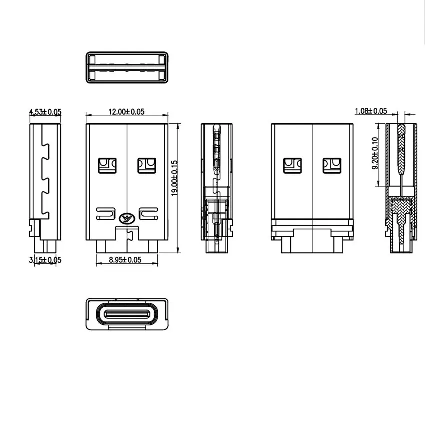 1-10PCS Type-C 3.1 Female to Double-sided USB Am Male Connector 2.0 Charging Version Adapter with PCB Board Inside