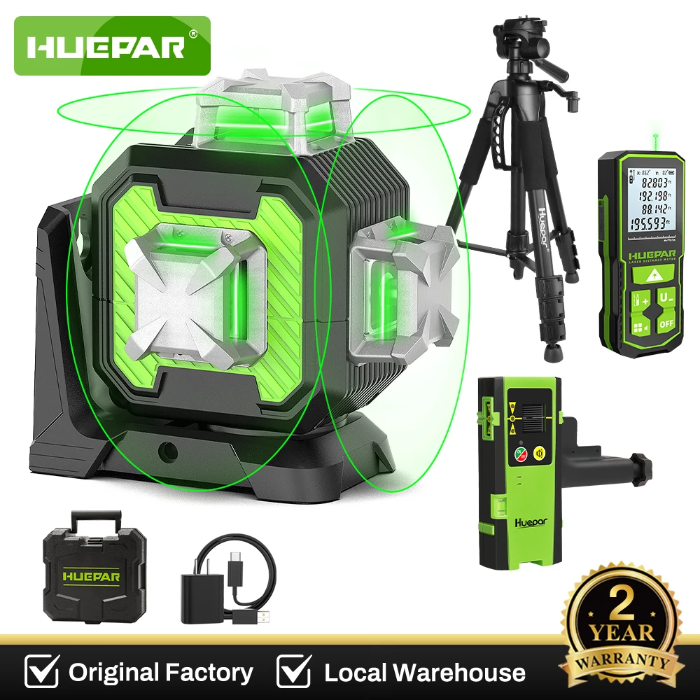 Huepar 3D 12-Linien-Laser-Nivelliergerät mit grünem Strahl, selbstnivellierend, 360° ° Kreuzlinien, Helligkeit einstellbar, Laserlinien mit robustem Transportkoffer SE13CG