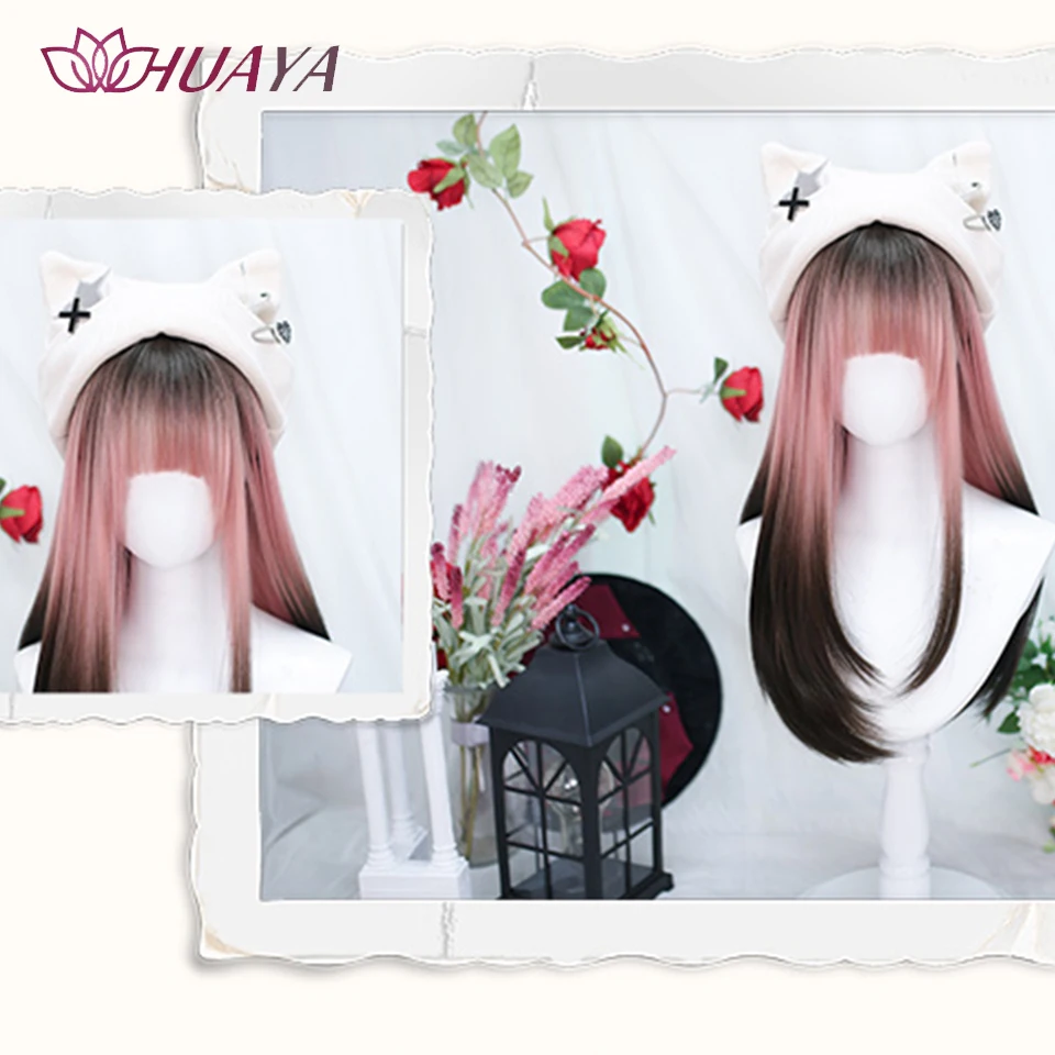 HUAYA Synthetic Long Lolita Wig with Bangs Girl Cute Ombre Pink Grey Cosplay Party Christmas Day Harajuku Wig