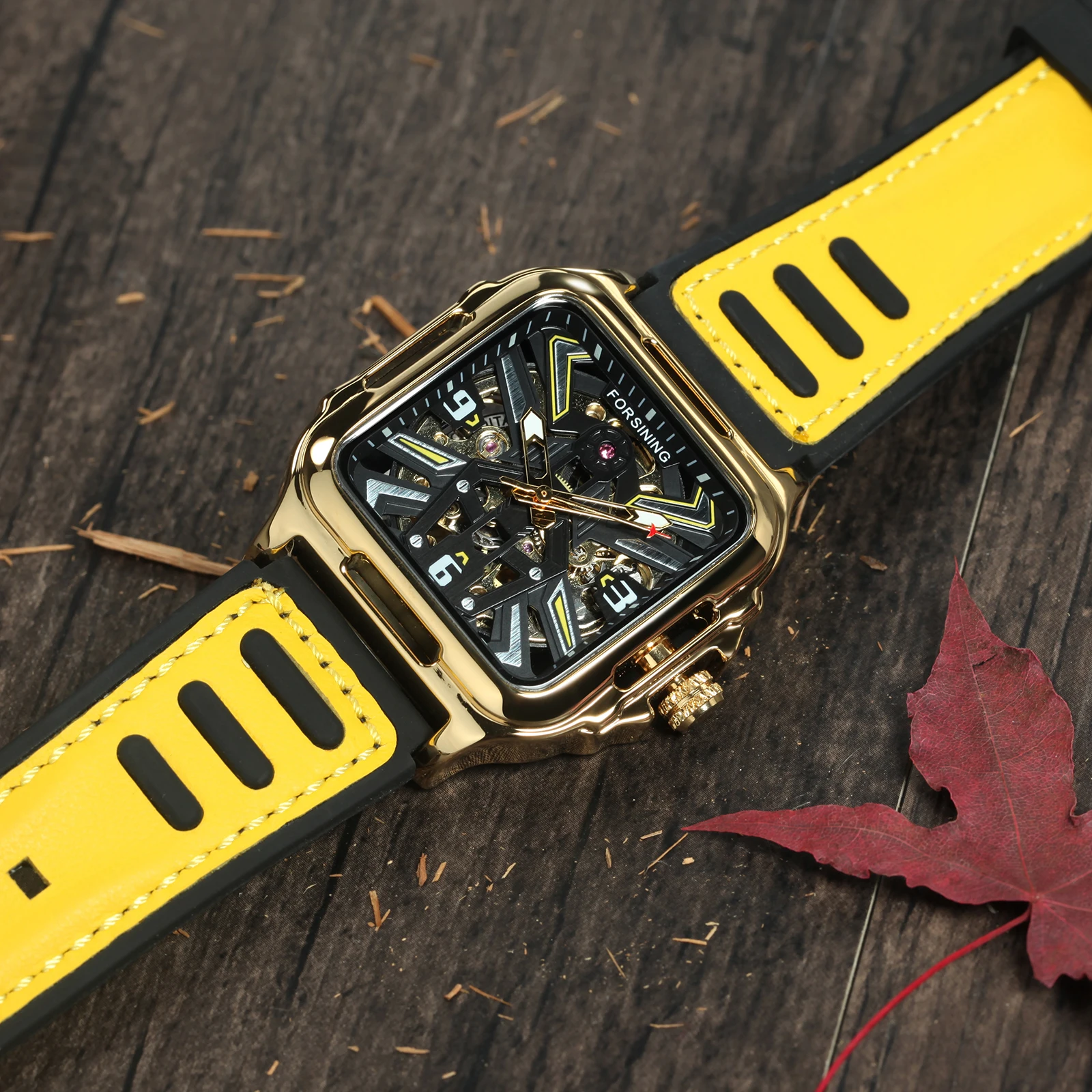 Forsining ساعة ميكانيكية عصرية للرجال مضيئة الأيدي عادية المطاط حزام من الجلد الأعمال الفاخرة التلقائي ساعات رجالي جديد