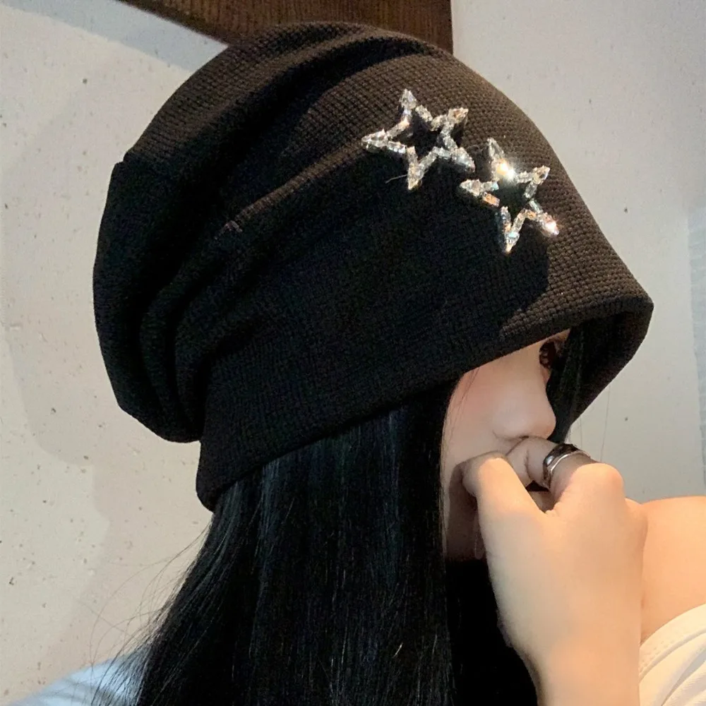 Bling Bling Decor Star Beret Hat Ear Protection Brimless Slouchy Skull Cap Warm Knit Elastic Cross Beret Cap Outdoor Casual