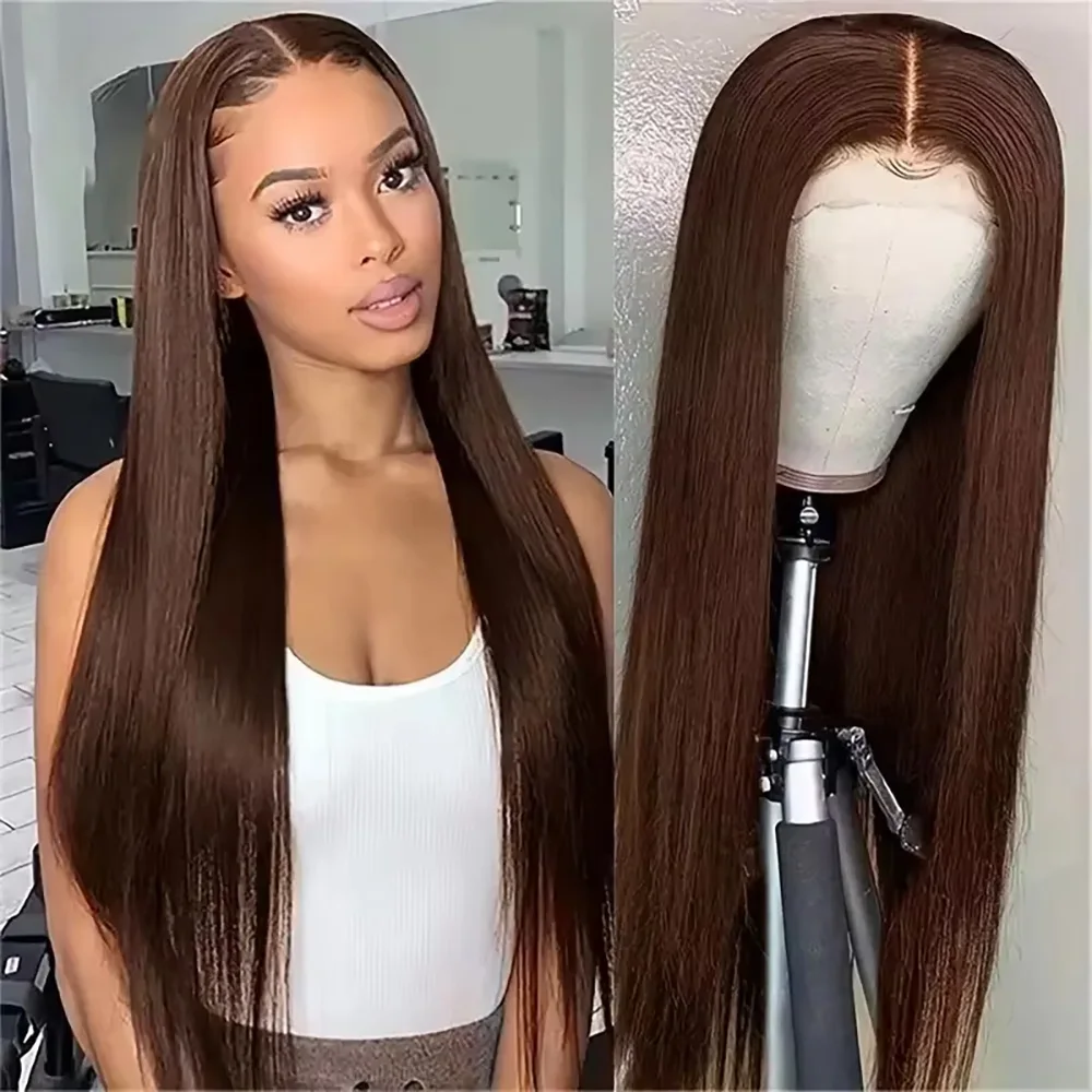 

#4 Chocolate Brown Straight Human Hair Wig #4 Chocolate Brown 46 Inches Pre-bleached And Pre-cut Lace Human Hair Wigs For Women