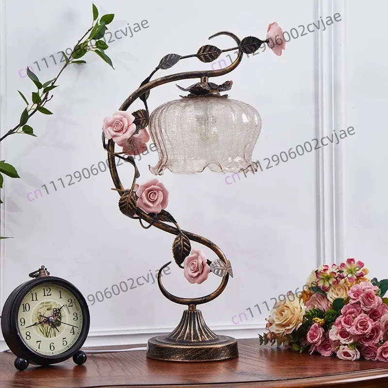 French vintage art table lamp vintage pastoral rose ambiance lamp bedroom living room nightstand lamp