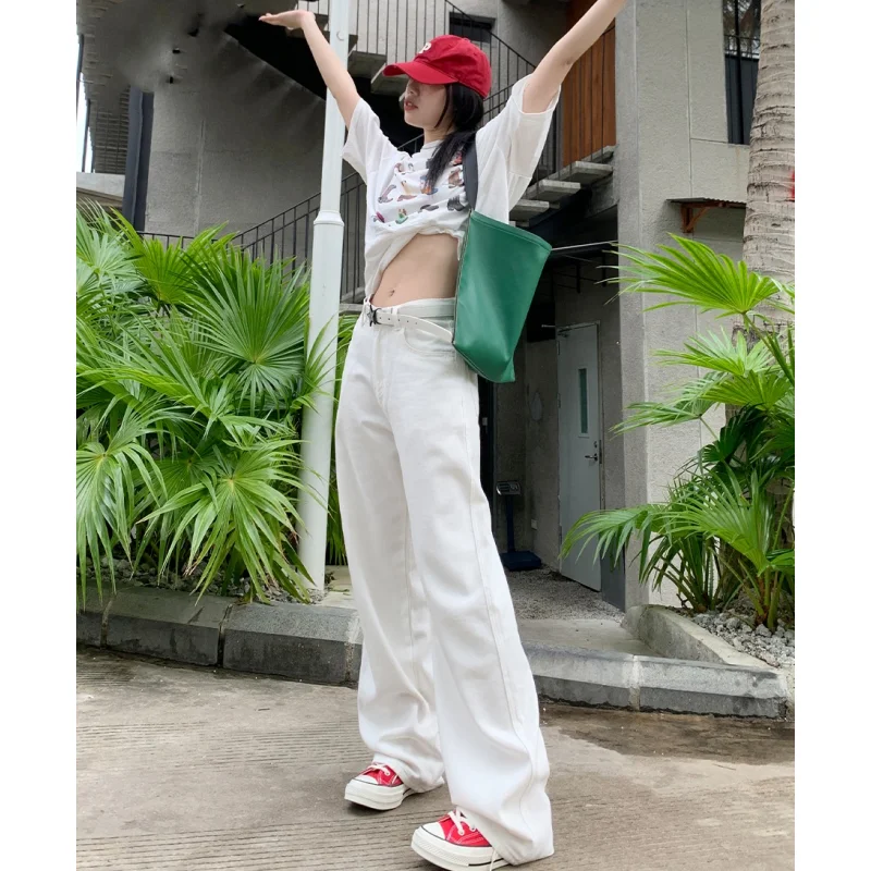 Women White Jeans Solid High Waist Y2K American Street Wide Leg Pants Fashion Hip Hop Vintage Female Straight Summer Trousers