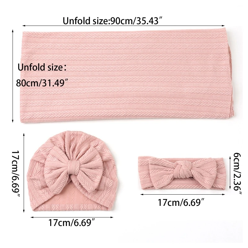 3pcs Baby Swaddle Blanket with Newborn Hat Bowknot Headbands Receiving Blanket