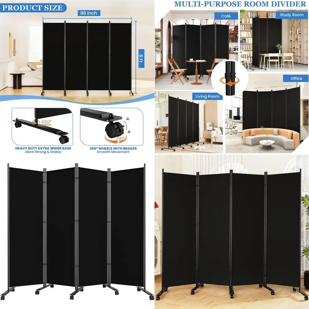 

4-панельная тканевая перегородка для комнаты с блокирующимися колесами, ширина 88 дюймов, портативная ширма для создания приватности для дома, общежития, офиса, черная
