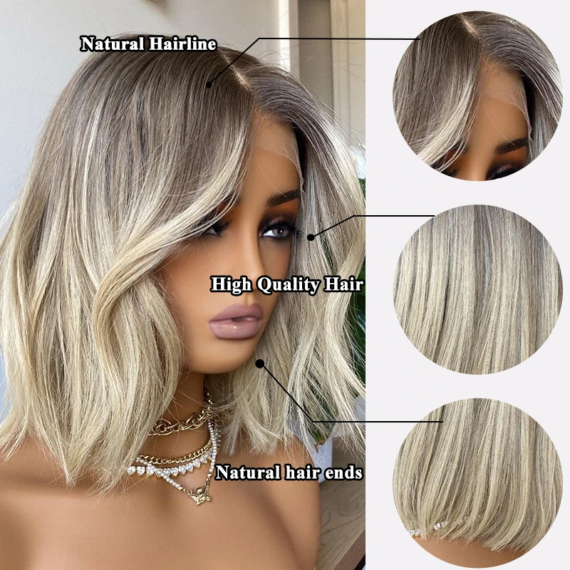 Blonde Straight Bob Synthetic Wig Hair With Bang Brazilian Hair Short Bob Wig For Woman Full Machine Made