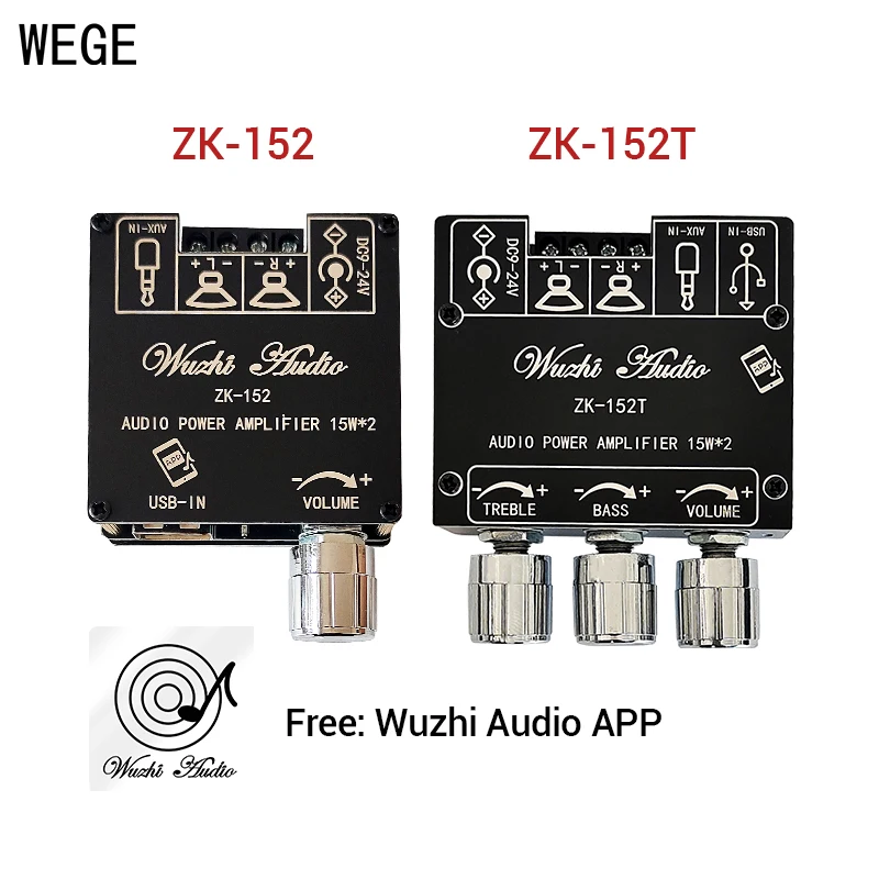 WEGE ZK-152 152T 15Wx2 BT 5.1 Audio Digital Power Amplifier Board 2.0 Channel Stereo Treble Bass Tone  AMP Wuzhi Audio APP AUX