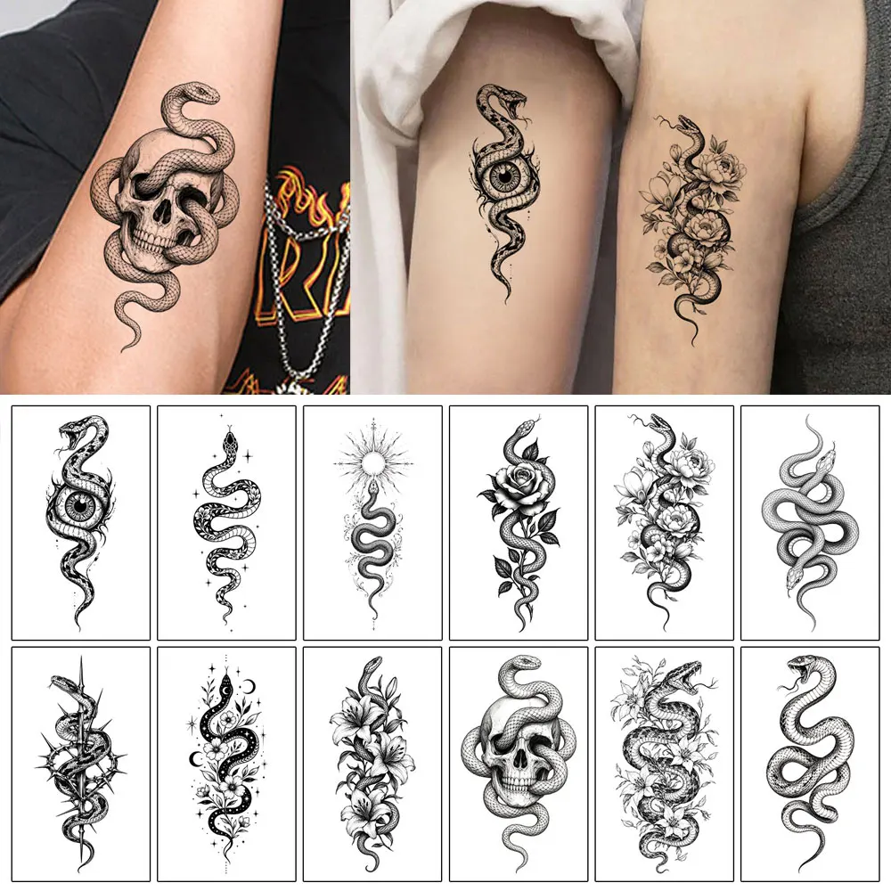 12pcs Flower Snake Pattern Temporay Tattoos for Men And Woman Waterproof Realistic Tattoo for Arm Body Totem Tattoo Sticker