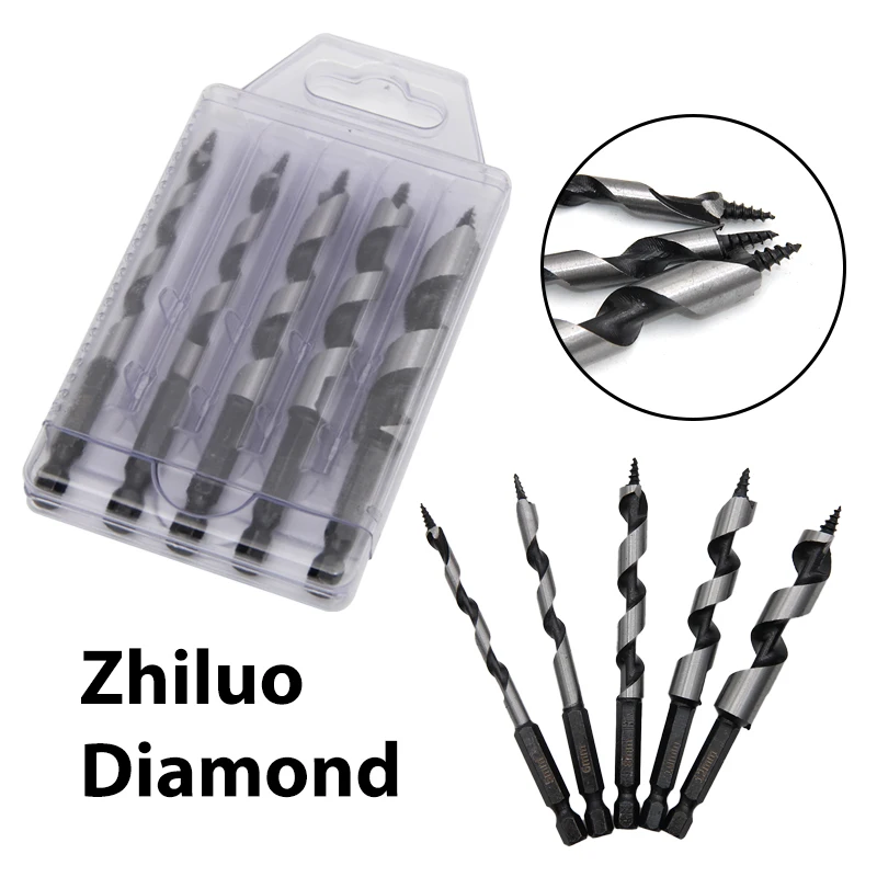 5pc 100mm Carpenter Auger Bits 5-12mm Hexagonal Handle Twist Drill Hand Spiral Reamer Power Tool Accessories Set