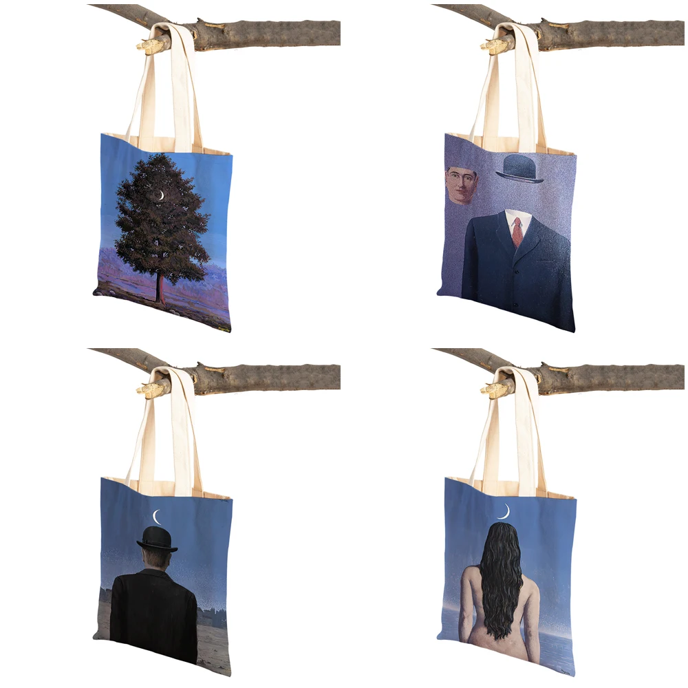 Rene Magritte Painting Surrealism Shopping Bags for Women Double Sided Print Casual Geometric Art Canvas Handbag Shopper Bag