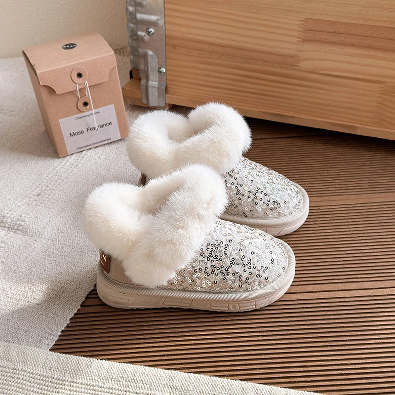 أطفال أحذية الثلوج الساطع الترتر المنزل الفراء الاطفال النعال شتاء دافئ أحذية قطنية مسطحة الأطفال غرفة نوم داخلية لينة وحيد النعال #6