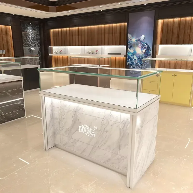 Modern Fashion Aluminum Alloy Glass Top Waterproof LED Lit Customizable Jewelry Display Case for Retail Stores