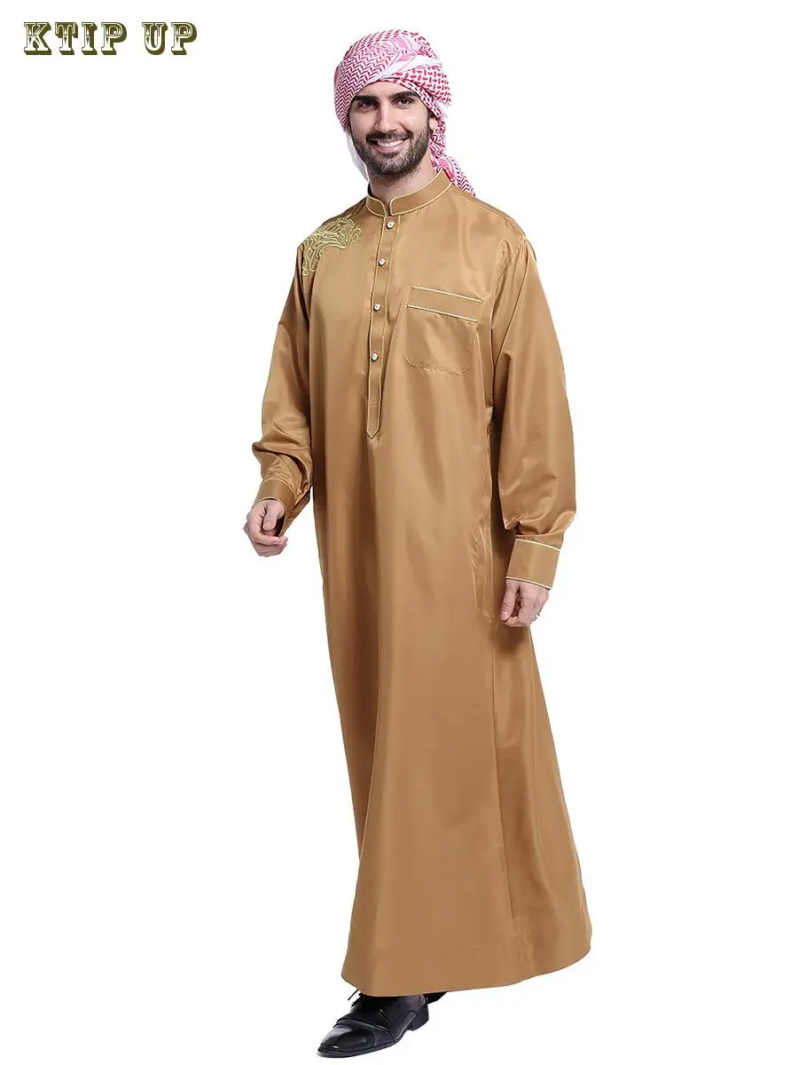 Middle East Men\'s Long Sleeves Ramada Robe, Arab, Crew Neck, Islamic, Monochromatic Kaftan, Thawb Maxi-Muslim, Dubai Abaya